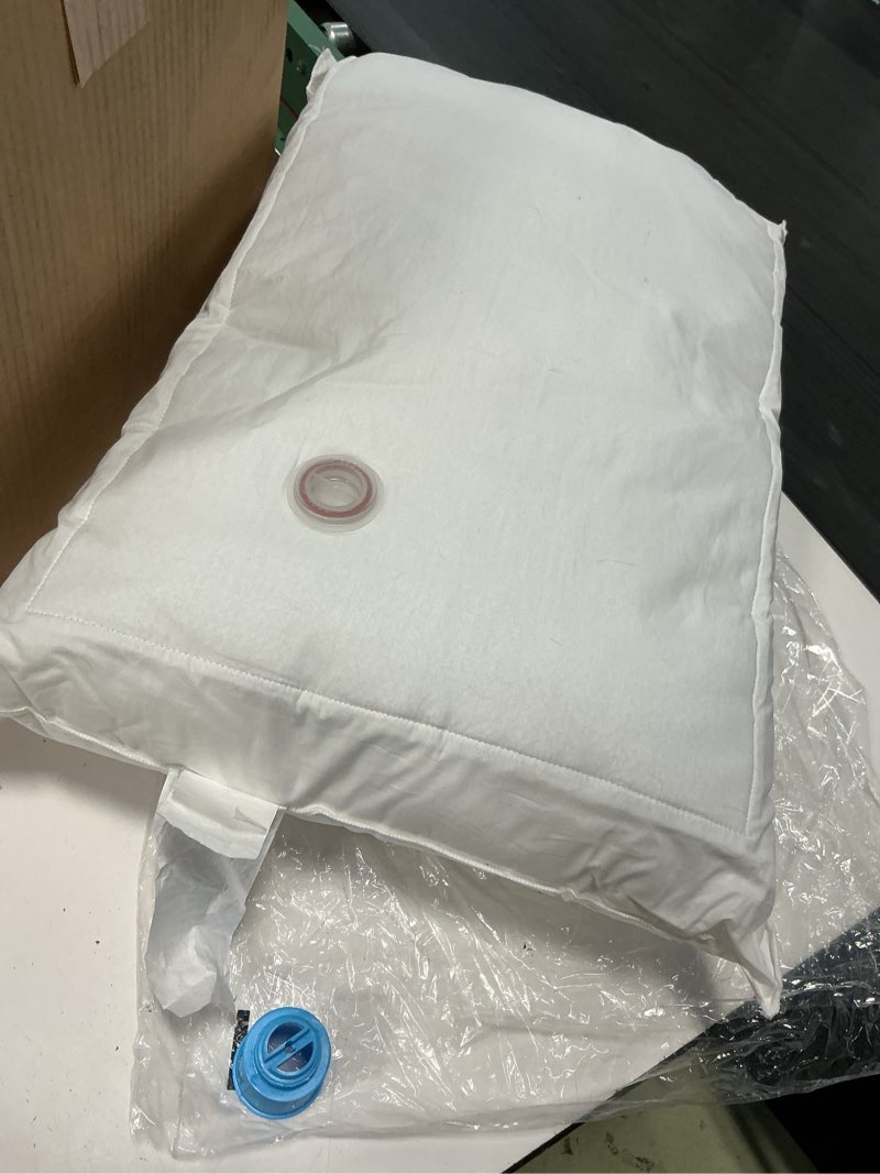 Condition photo showing As Is for queen size water pillow (20x28), with extra supportive fiber fill. adjustable orthopedic support and hypoallergenic waterbase pillow