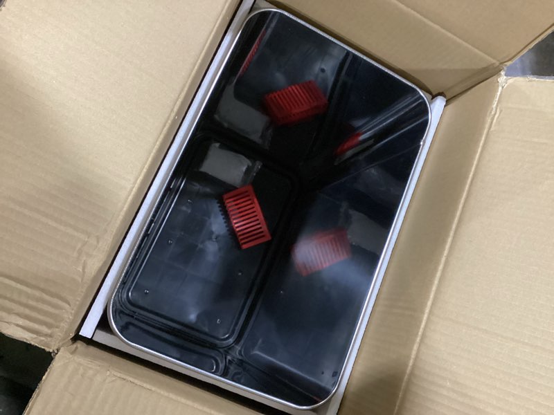 Condition photo showing New/Like New for iTouchless 50 Liter / 13 Gallon Wings-Open Lid Sensor Kitchen Trash Can with Odor Filter – Dog-Proof Slim Automatic Stainless Steel Garbage Recycling Bin for Home, Office, Bedroom, Business or Garage Mist Silver, Brushed