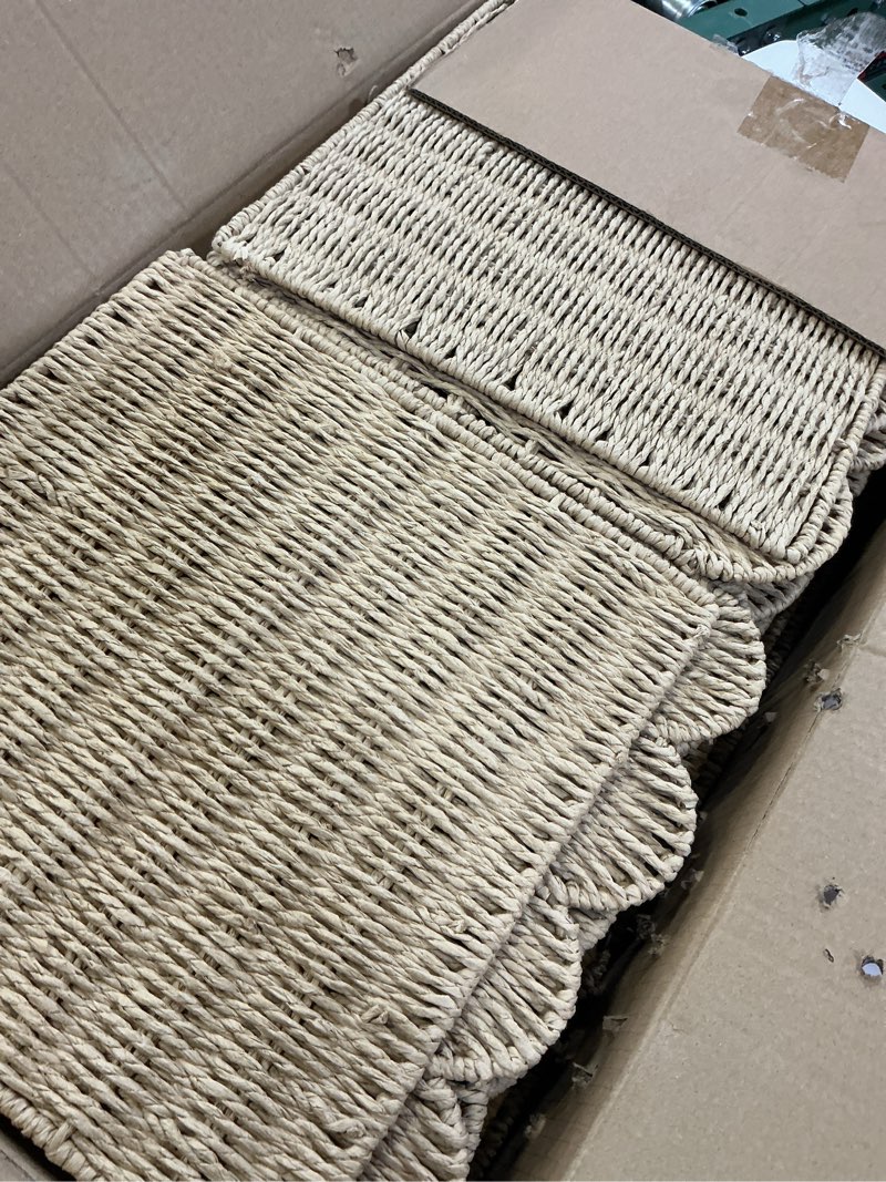 Condition photo showing As Is for 4 pcs 12x12 scalloped wicker storage cubes - woven paper rope storage baskets, foldable square bins with handles, collapsible containers for shelves, closets, 11.8×11.8×11.8"
