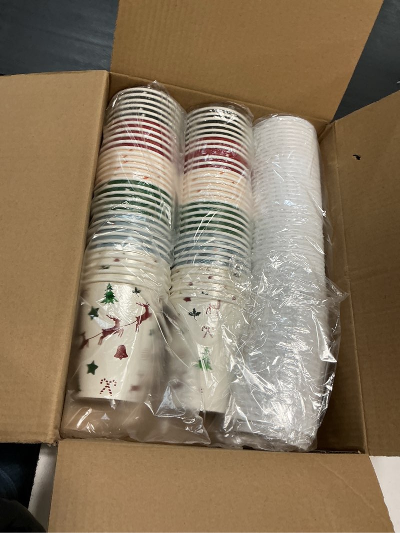 Condition photo showing New/Like New for christmas disposable coffee cups with lids, 60 pack 12 oz to go coffee cups,6 designs christmas coffee drinking paper cups for hot chocolate, hot cocoa, xmas dinner party