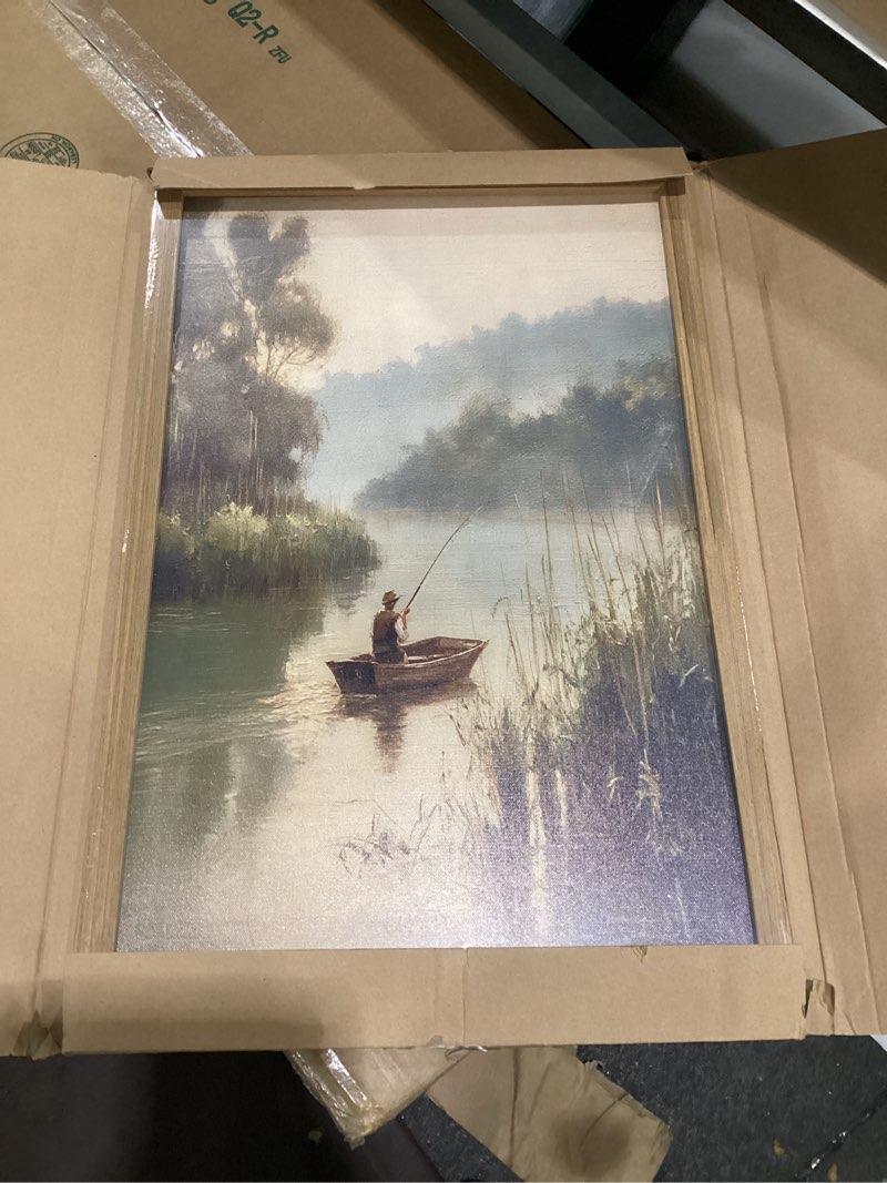 Condition photo showing New/Like New for wood framed vintage fishing wall art, country fisherman landscape canvas wall decor paintings, retro country farmhouse posters prints pictures for boy room bedroom living room home decor 16x24 inch fishing framed 24"l x 16"w