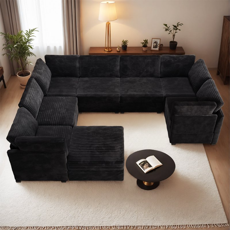 Modular U-shaped Sectional Plush Corduroy Sofa With Movable Ottoman (incomplete, Box 1/3 )