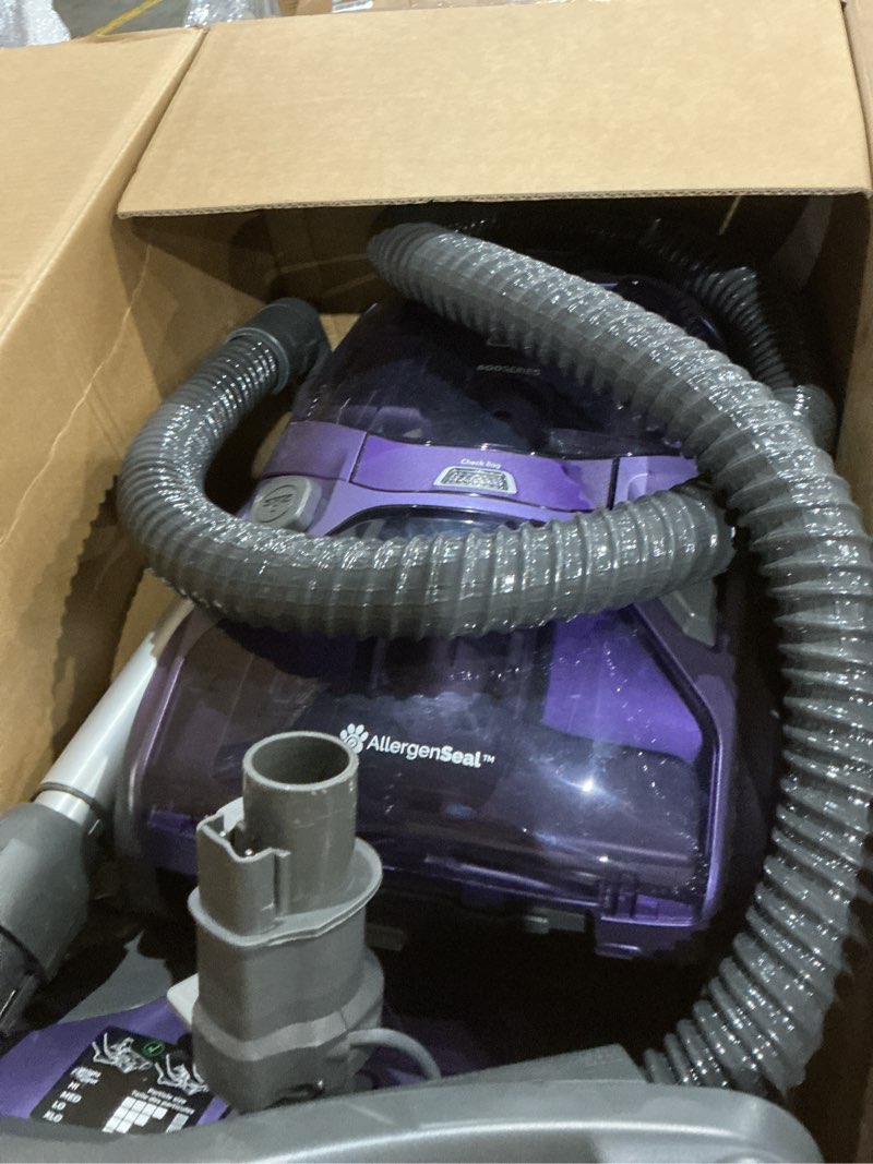 Condition photo showing As Is for kenmore 600 series pet friendly lightweight bagged canister vacuum with pet powermate, pop-n-go brush, 2 motors, hepa filter, aluminum telescoping wand, retractable cord and 4 cleaning tools, purple