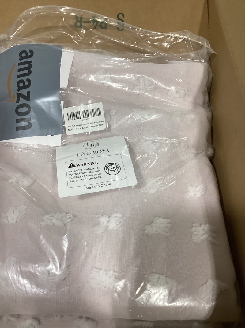 Condition photo showing Good Condition for Kids Blackout Curtains 96 Inches Long for Princess Girls Bedroom,Baby Pink Ruffle Pom Pom Dreamy Frilly Fluffy Black Out Curtains for Nursery 2 Panel Set 50"W x 96"L (Pack of 2) Pink and White