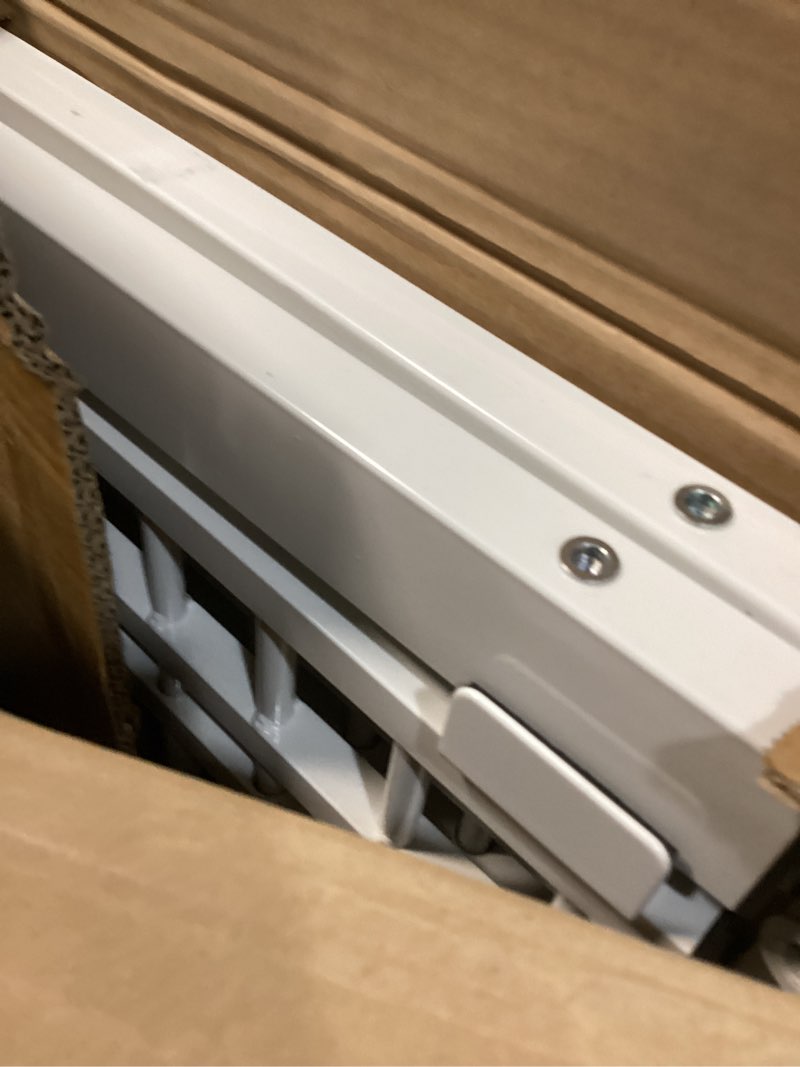 Condition photo showing As Is for 78.8" Extra Tall Cat Gate, 28.3-33" Wide Dog Door, Pressure Mounted Easy Walk Through Safety Metal Pet Gate for Doorway, No Drilling Cat Proof Gate (White)