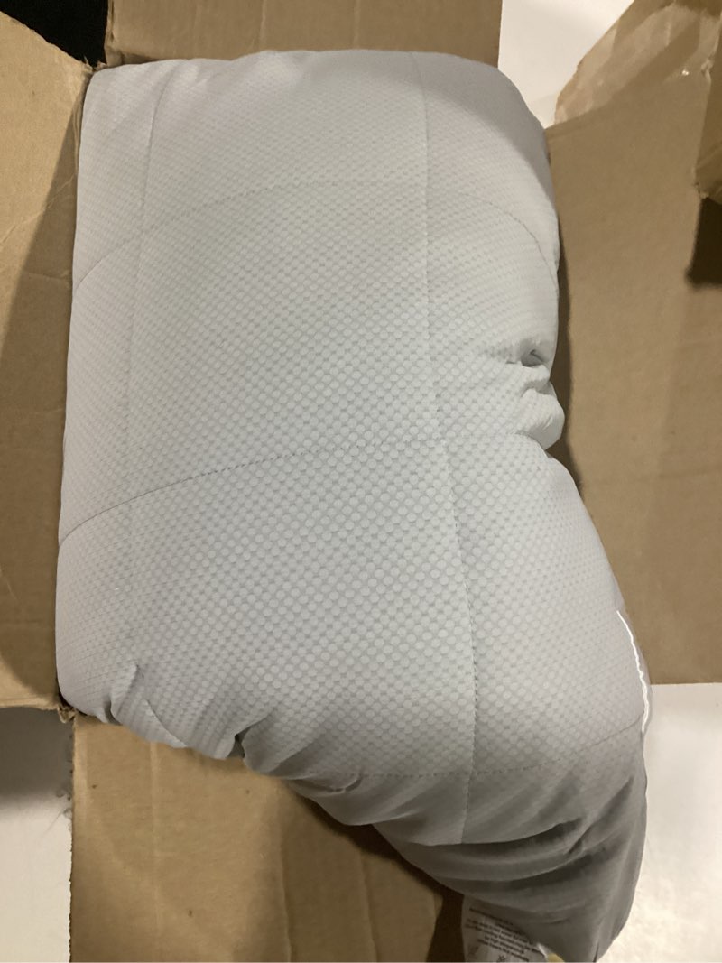 Condition photo showing As Is for cooling adjustable pillow for side sleepers, silver infused bed pillow, cool soft firm pillow for hot sleepers, back & stomach sleepers, self-cleaning technology for 3x freshness sleep, grey