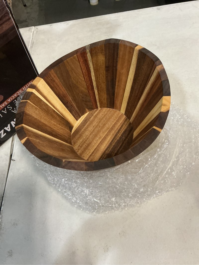 Condition photo showing As Is for ( incomplete ) acacia wood salad bowl set with serving hands, 10” diameter, 6” height - handmade, large serving bowl for salad, fruit & pasta - durable natural brown serveware gift, modern geometric design