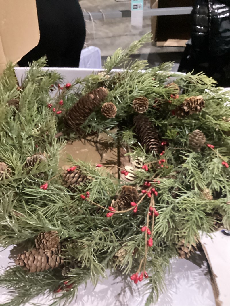 Condition photo showing Good Condition for 22 inch Artificial Christmas Wreath for Front Door Winter Cedar Wreath with Pine Cones,Pine Needles for Front Door Farmhouse Indoor Outdoor Holiday Home Decor Green Pine Needle and Red Berry B