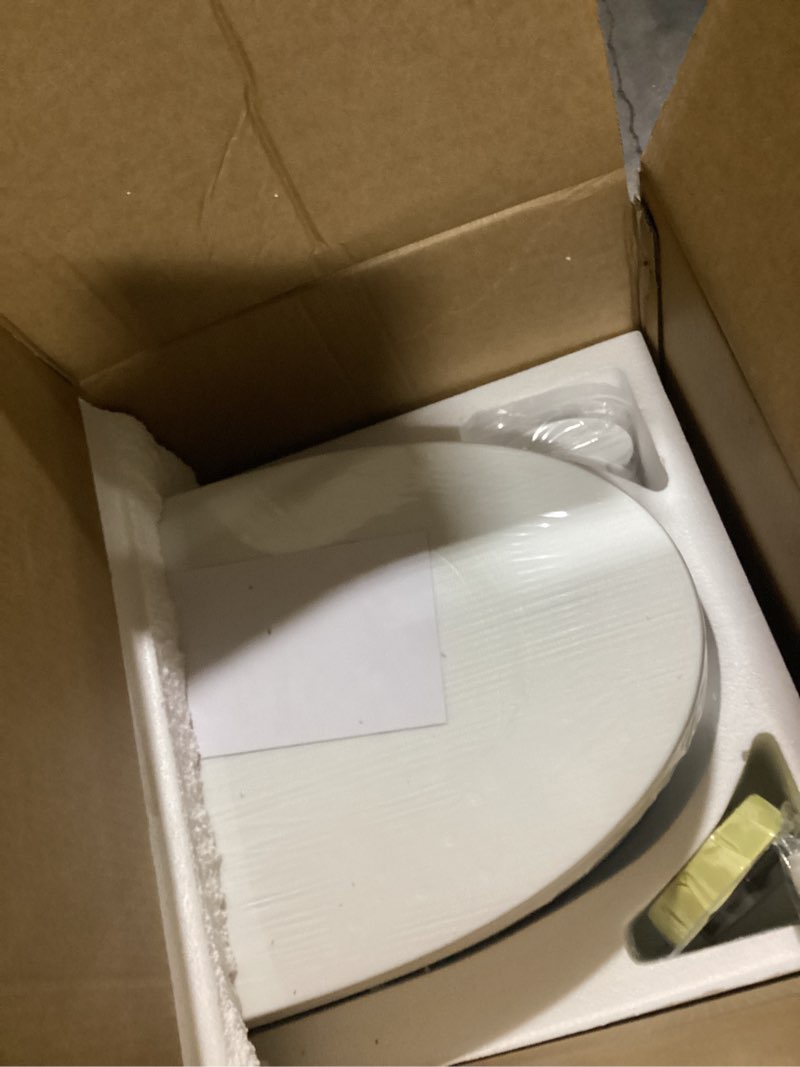 Condition photo showing As Is for one piece toilet, elongated one-piece toilet for bathrooms, dual power flush toilet 1.1/1.6 gpf and map 900g, soft close, durable ceramic, easy-to-clean surface (white)