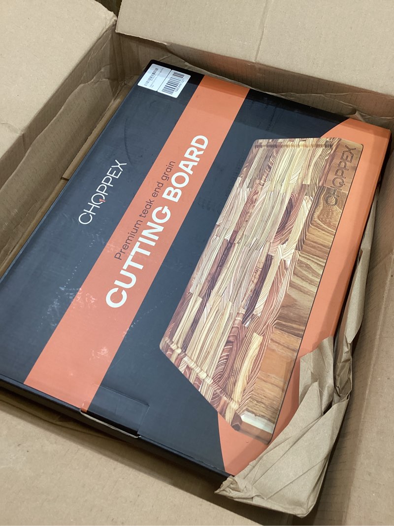Condition photo showing Good Condition for end grain teak wood cutting board – 13.1x17.1x1.5 in, premium butcher block with deep juice groove, non-slip feet & side handles – heavy-duty wooden chopping board for meat, veggies & more