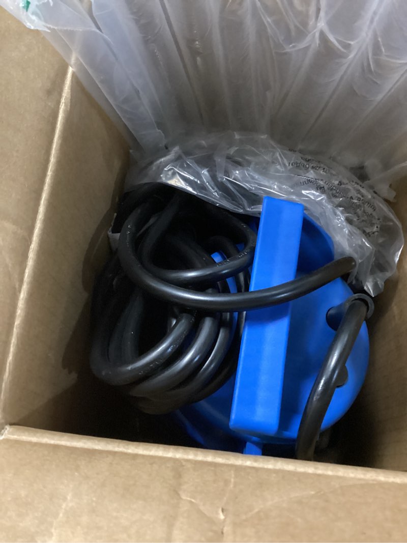 Condition photo showing Good Condition for 1 hp submersible water pump 3500 gph portable small sump pump for pool cover, basements, puddles, gardens ponds with 16.4 ft power cord and hose adapters, blue 1hp 3500gph blue