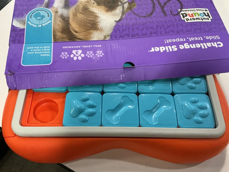 Condition photo showing As Is for outward hound by nina ottosson challenge slider – interactive dog treat puzzle enrichment toy, level 3 advanced challenge slider (orange, blue)