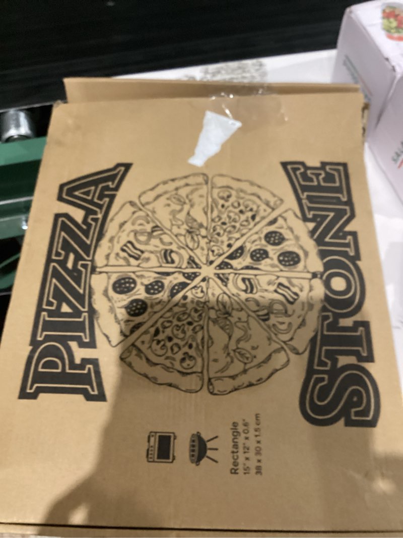 Condition photo showing As Is for Pizza Stone 5 PCS Set, 15 x 12" Large Rectangle Pizza Stone Set for Oven and Grill with Metal Pizza Peels & Cutter Rocker, 0.6'' Thickened Stone Pizza Pan, Baking Stone for Pizza, Bread 15" x 12" Rectangle