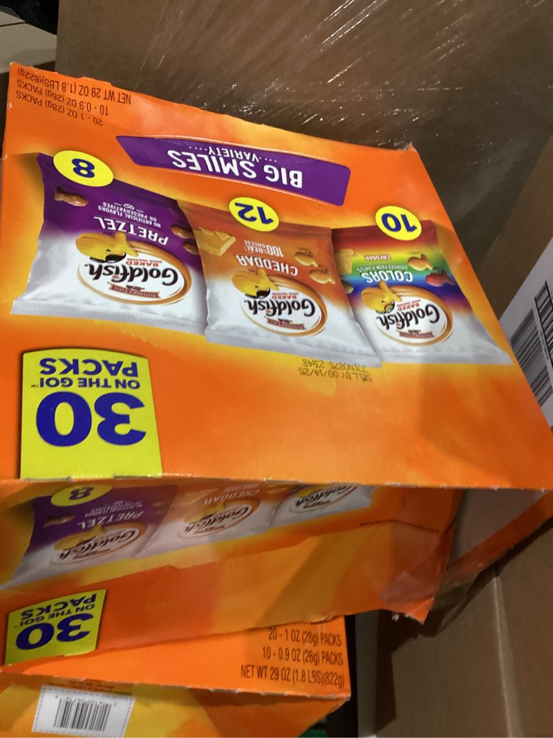 Condition photo showing New/Like New for Goldfish Crackers Big Smiles Variety Pack with Cheddar, Colors, and Pretzels, Snack Packs, 30 Ct
