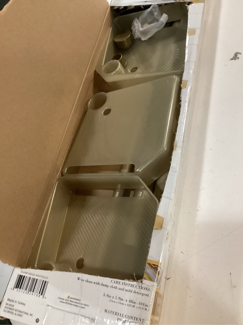 Condition photo showing Good Condition for bath bliss 4 tier tensions corner shower caddy | shelves | adjustable 48“-101” | bathroom organizer | bathtub and shower stall | holds large bottles | soap | shampoo | washcloths | gold gold 9.8 inches x 9.8 inches x 48-101 inches