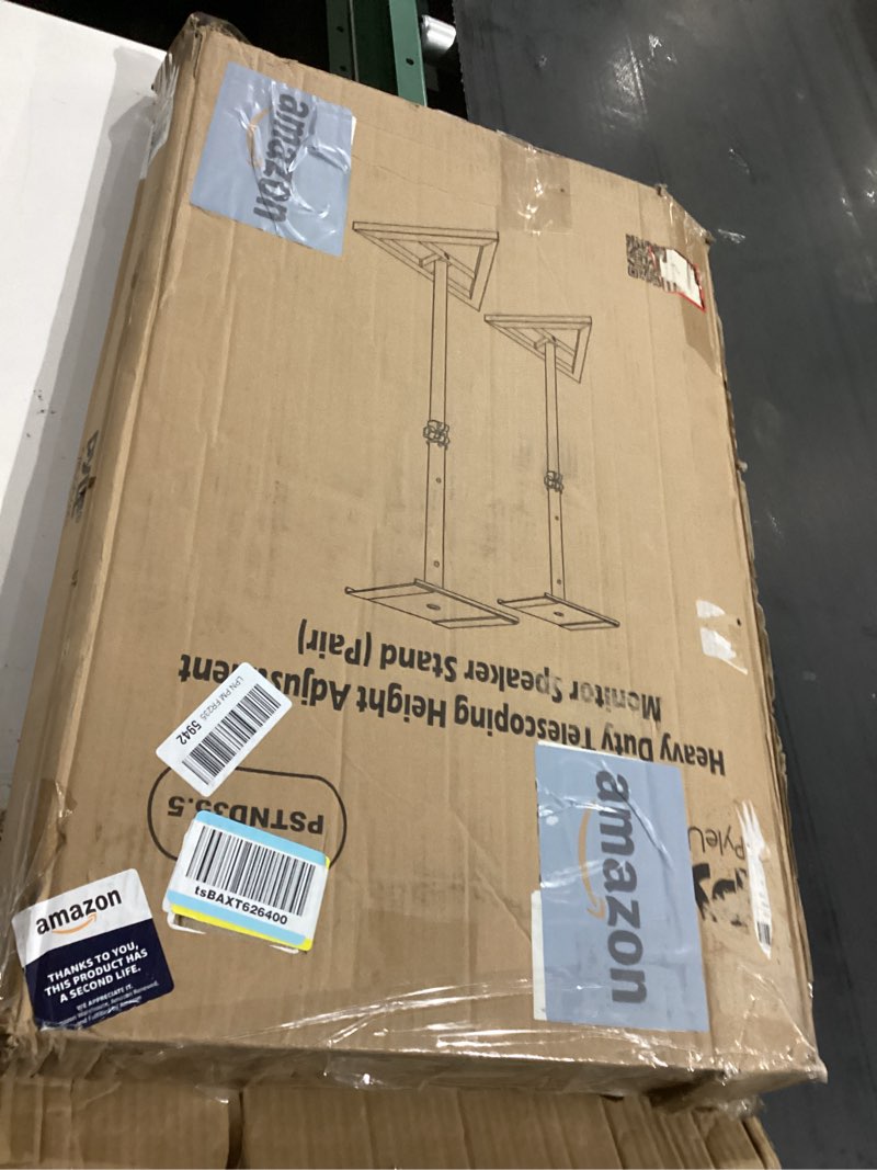 Condition photo showing As Is for Pyle Speaker Stand Pair of Sound Play 1 and 3 Holder - Telescoping Height Adjustable from 26” - 52” Inch High Heavy Duty Three-point Triangle Base w/ Floor Spikes and 9” Square Platform, Black Speaker Amplifier Stand