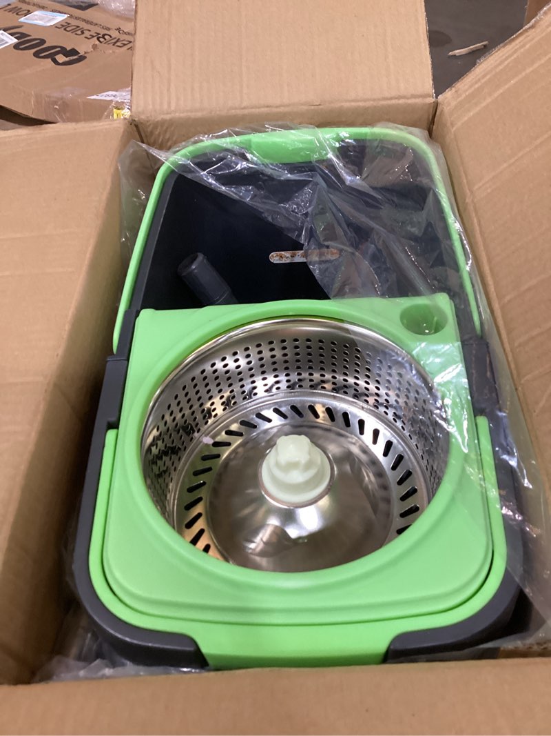 Condition photo showing As Is for simpli-magic 360° spin mop and bucket with wringer – 3 high-absorbent microfiber washable heads, soap dispenser – spinning mop and bucket set for all types floor cleaning black/green spin mop