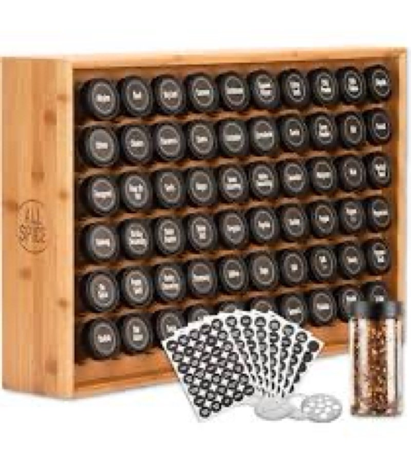 BOURBON & BARREL Wooden Spice Rack Organizer with Glass Jars | Stainless Steel Lids | Bamboo Countertop Spice Organization Markers | 60 4oz Jars [Bamboo] 60 Jar Bamboo
