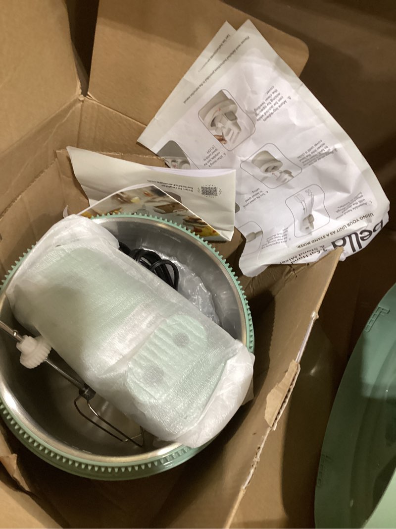 Condition photo showing As Is for bella 3.5 Qt Hand & Stand Mixer, 2 in 1 Electric Mixer with Bowl, Dough Hook, Whisk & Egg Beater, Multifunctional Handheld Mixer for Baking, 200 Watt, Seaglass