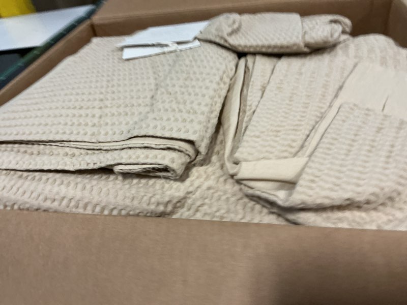 Condition photo showing New/Like New for levtex home cloud waffle king/cal king comforter set (106x94in) with 2 pillow shams (36x20in) - solid waffle cotton texture - taupe - 100% cotton king size comforter set - soft, pre-washed king/cal king comforter taupe