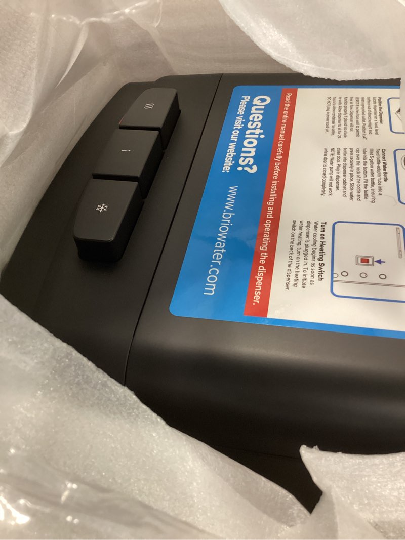 Condition photo showing New/Like New for Brio 130 Series Bottom Load Water Cooler Dispenser for 5 Gallon Bottles, Hot, Room & Cold, Great for Home or Office, Child Safety Lock, Empty Bottle Alert, Energy Star 3.0, Black