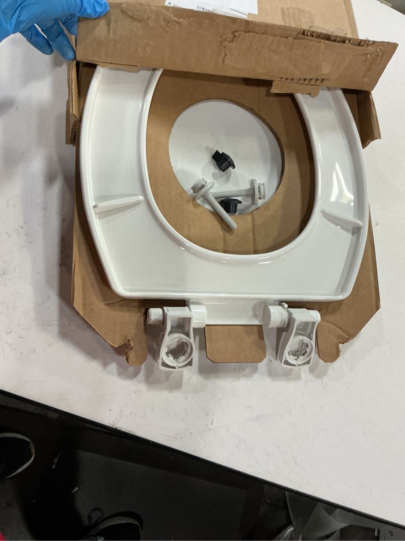 Condition photo showing As Is for mayfair cassel slow close toilet seat, easy clean, non slip premium wood seat, easy install, made in usa, elongated, white elongated 1 - toilet seat