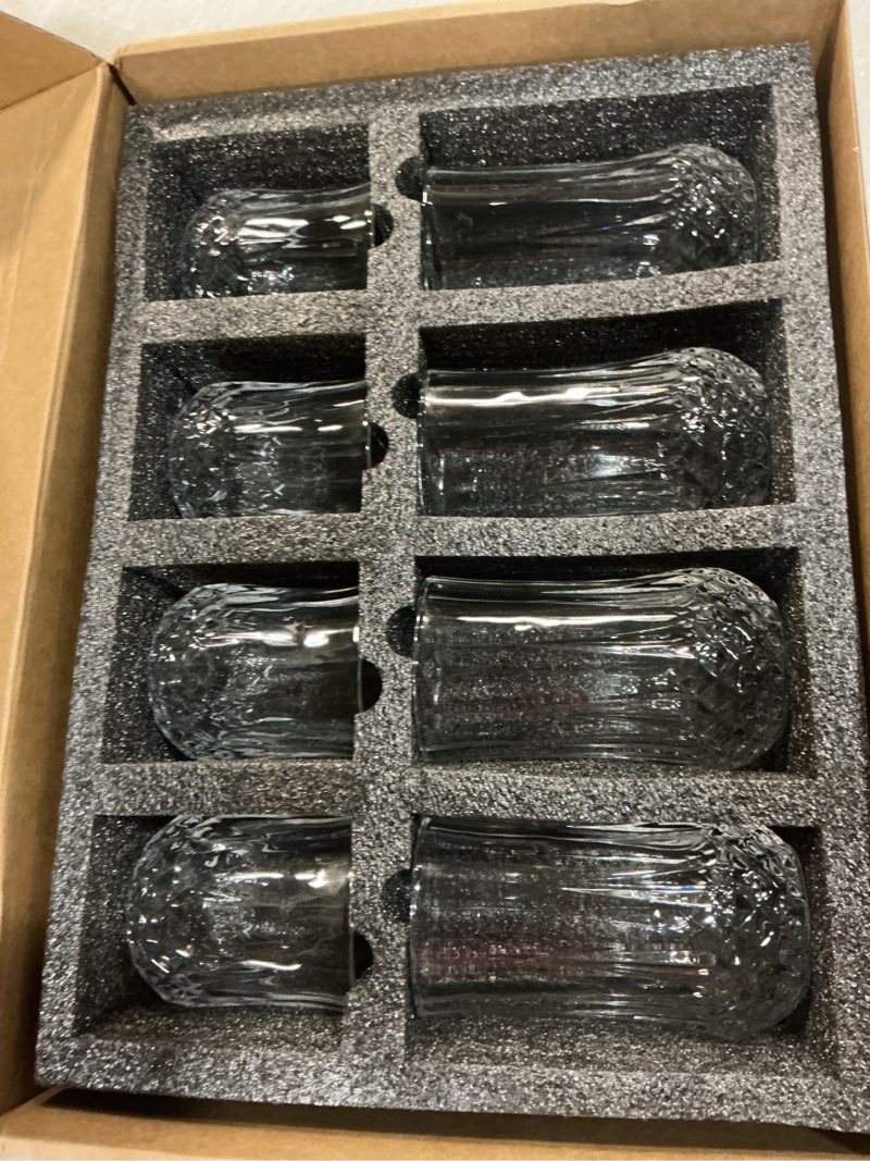 Condition photo showing New/Like New for ruckae drinking glasses set of 8,11 oz and 7 oz kitchen water glass cups set,clear curvature glassware dishwasher safe,mixed drinkware for beer,juice,cocktail,whiskey,milk and various mixed drinks vertical stripe pattern