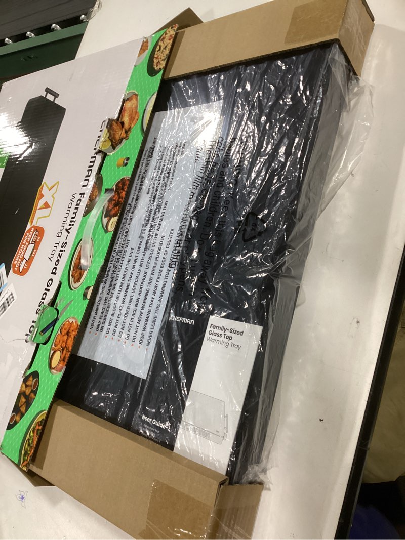 Condition photo showing New/Like New for Chefman Electric Warming Tray with Adjustable Temperature Control, Perfect For Buffets, Restaurants, Parties, Events, and Home Dinners, Large 21” x 16” Glass-Top Surface Keeps Food Hot – Black