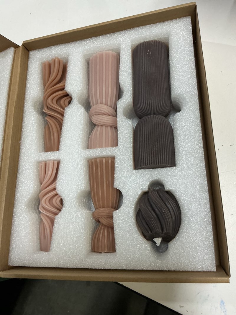 Condition photo showing New/Like New for 6 Pcs Pillar Candles Modern Aesthetic Ribbed Decorative Candle Set Cute Soy Wax Scented Ribbed Decor for Home(Brown,2.36-6.89 Inch) Brown 2.36-6.89 Inch