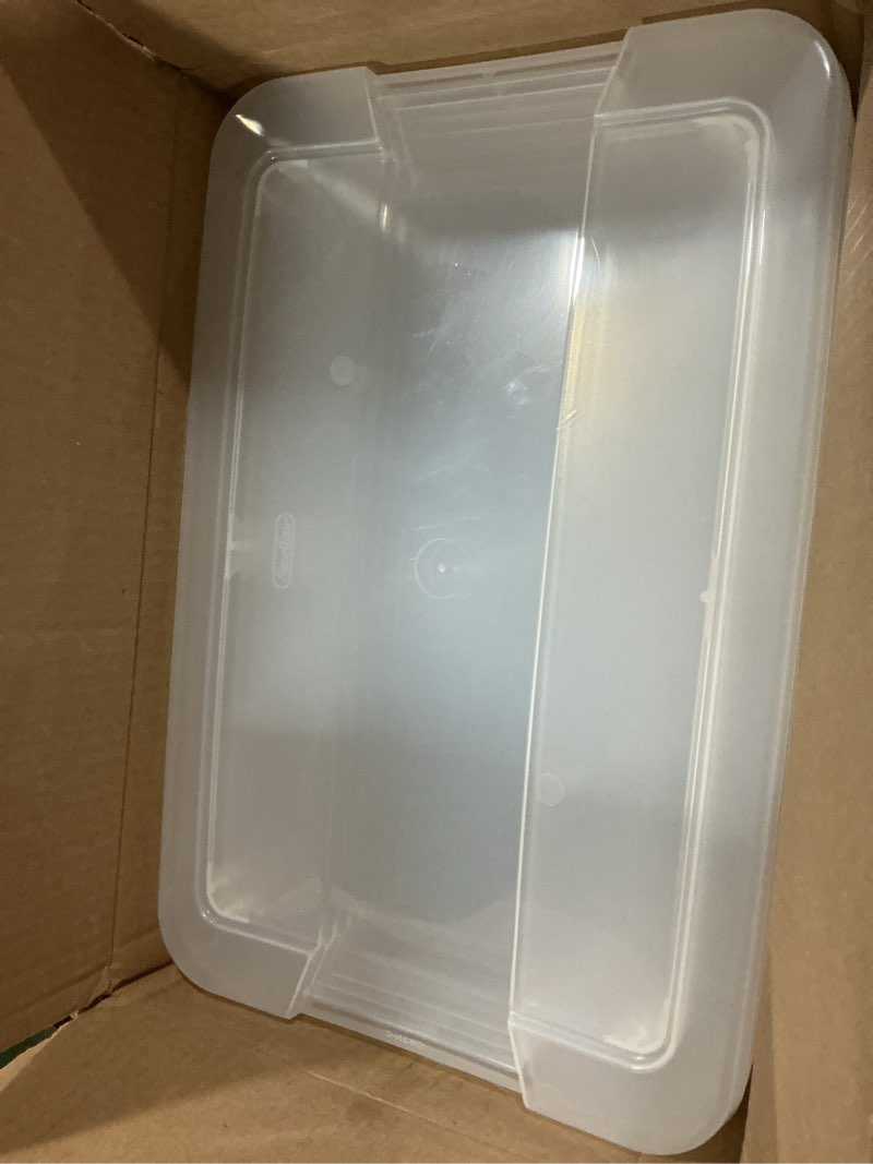 Condition photo showing As Is for sterilite 15 qt clearview latch storage box, stackable bin with latching lid, plastic container to organize shoes in closet, clear base, lid (pack of 12) 15 quart 12 pack