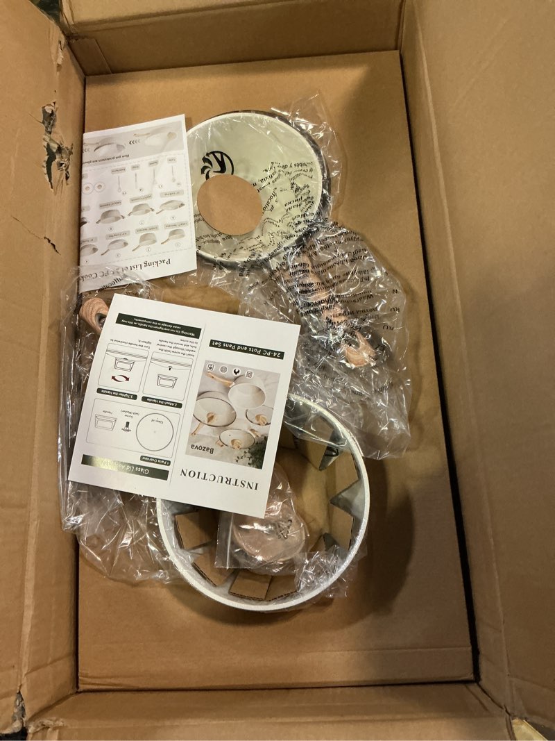 Condition photo showing Good Condition for 24-Piece Pots and Pans Set Non Stick, Titanium-Reinforced Ceramic Cookware Set, Long-Lasting Nonstick, PFAS-Free, Induction Compatible, Complete Kitchen Set for Everyday Cooking 24-PC Cream White