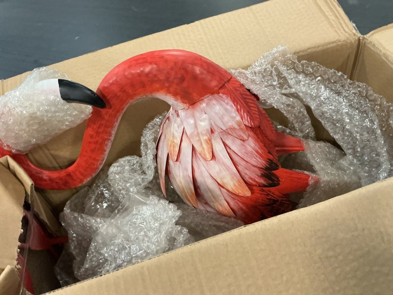 Condition photo showing As Is for  Shorayn Pink Flamingo Garden Statue Outdoor Decor Metal Yard Art Lawn Ornaments for Backyard Pond Patio Porch Outside Decorations,Large Size