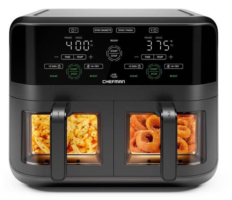 chefman dual basket digital air fryer oven w/ easy view windows  2 independent 3 qt baskets - black  new