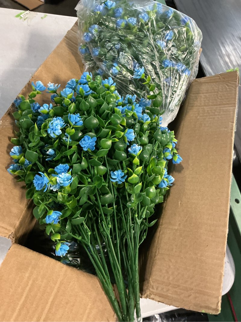 Condition photo showing Good Condition for netap outdoor artificial flowers uv resistant, 20 bundles fake realistic floral greenery plants for outside porch, window boxes, garden, yard, inside home table decor,blue blue 20