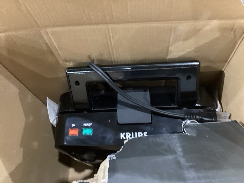 Condition photo showing As Is for krups 4-slice belgian waffle maker: stainless steel, 5 browning levels, audible ready beep, removable plates, 1200w, silver/black, large waffle maker family size, great for family breakfasts family size - 4 waffle slices