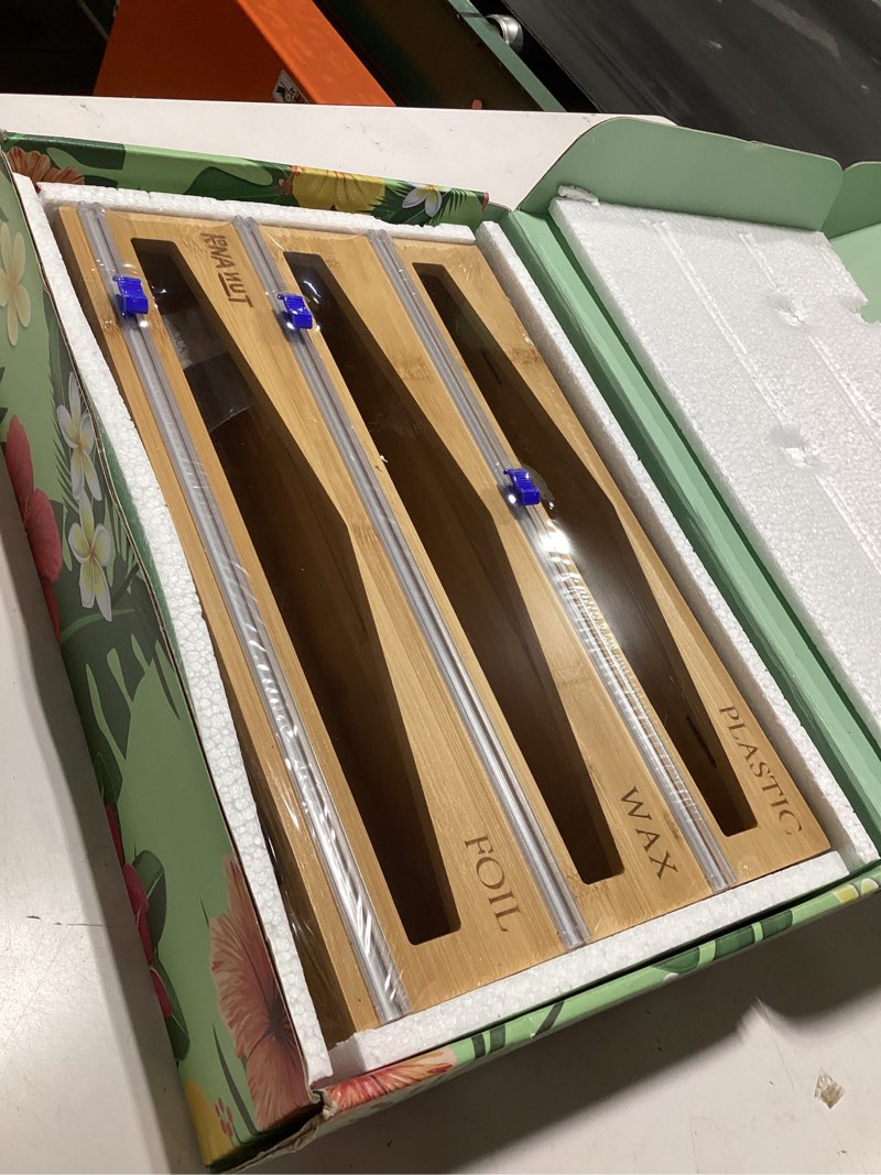 Condition photo showing Good Condition for aluminum foil organization and storage, saran wrap dispenser with cutter.foil, plastic, wrap organizer, foil dispenser with cutter, food wrap dispenser with cutter 3 in 1 for foil, plastic, wax paper