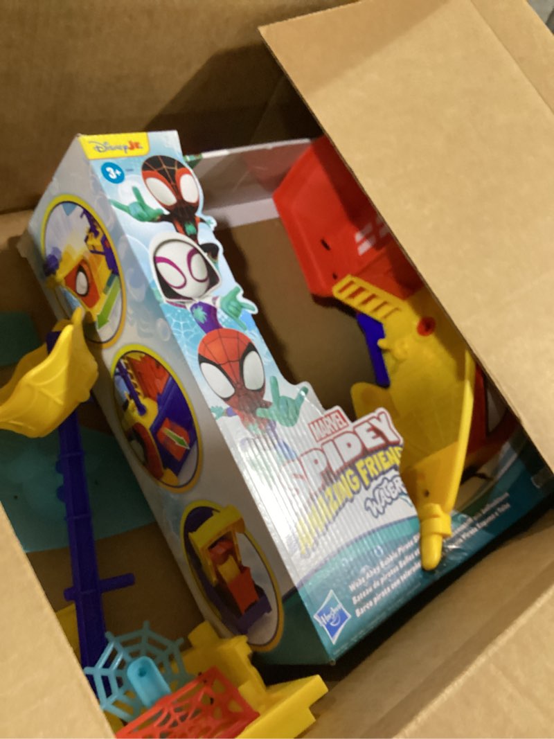 Condition photo showing As Is for spidey and his amazing friends marvel water-webs webs ahoy bubble pirate ship toy, 3-inch action figures & boat playset, super hero toys, 3+ years