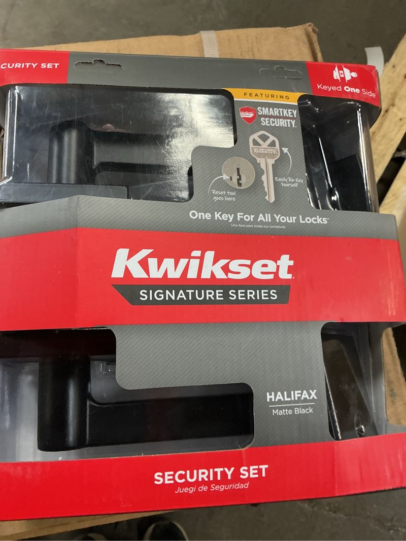 Condition photo showing As Is for kwikset halifax matte black zinc lever and single cylinder deadbolt