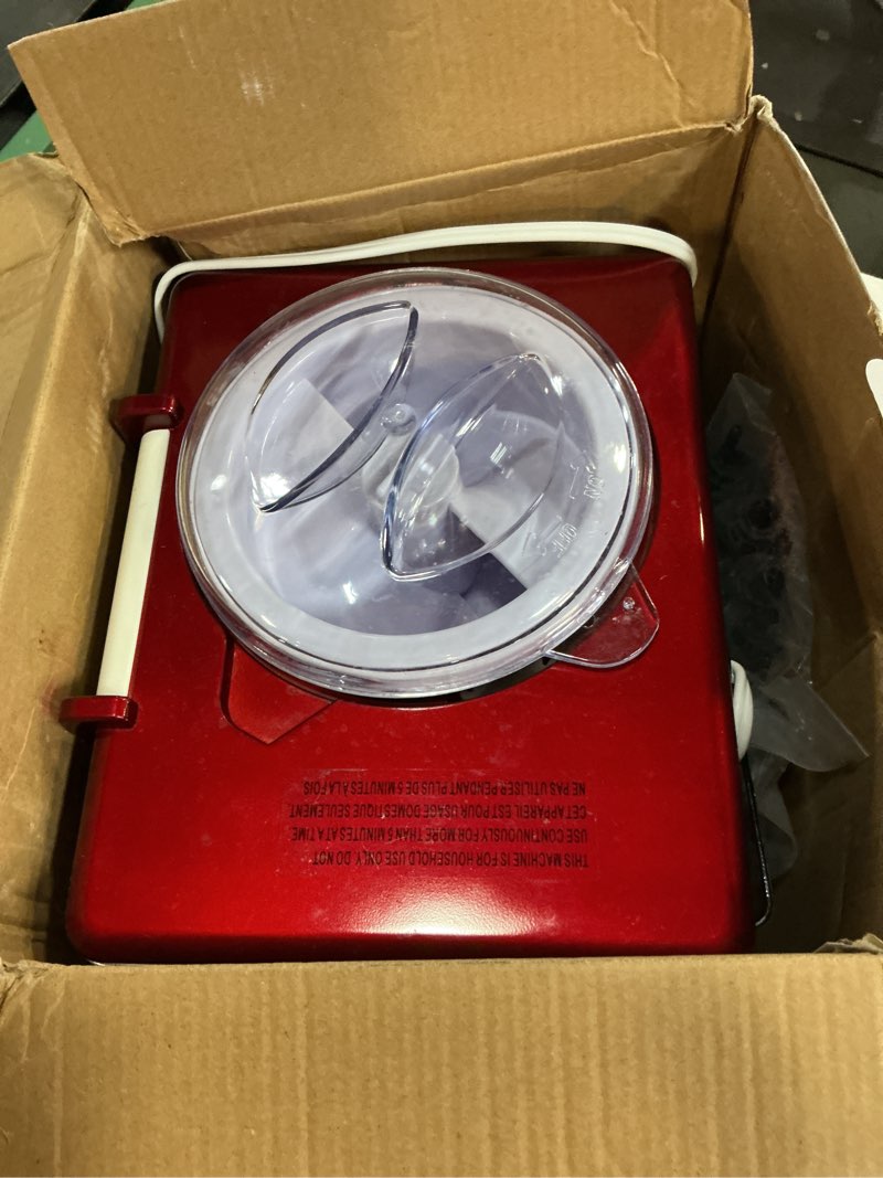 Condition photo showing As Is for nostalgia snow cone shaved ice machine - retro table-top slushie machine makes 20 icy treats - includes 2 reusable plastic cups & ice scoop - retro red table top metallic red