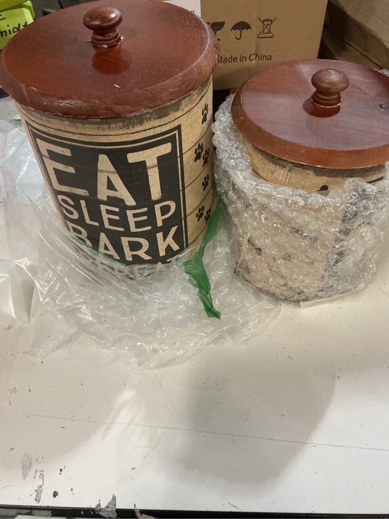 Condition photo showing Good Condition for primitives by kathy rustic pet tin bins - dog food & toy storage set, 'toys & beware of wigglebutts' themed containers brown, black
