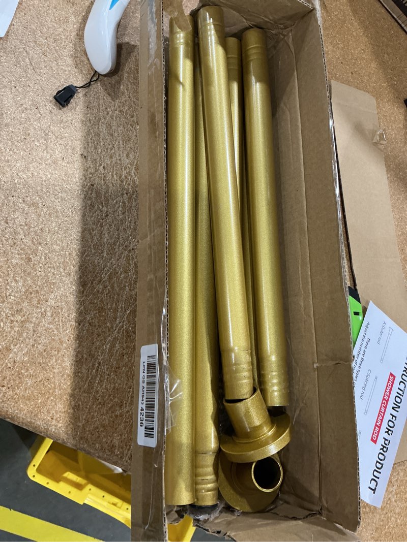 Condition photo showing As Is for corklatta gold shower curtain rod 31 to 92 inch,1 inch diameter adjustable spring tension stainless steel telescoping rod,easy install,no rust 31-92 gold
