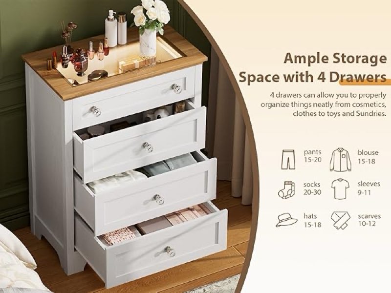 IDEALHOUSE White Drawer Dresser with Mirror - Charge Station and LED Strip, 4 Drawer Cabinet with Cr