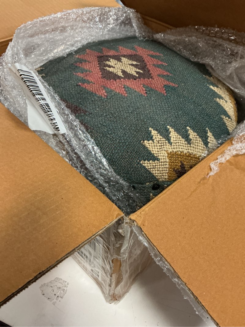 Condition photo showing Good Condition for Handmade Kilim Jute Pouf Ottomans Wooden Seating Stool for Living Room, Bedroom (16" D x 16" W x 16" H) (Grey)