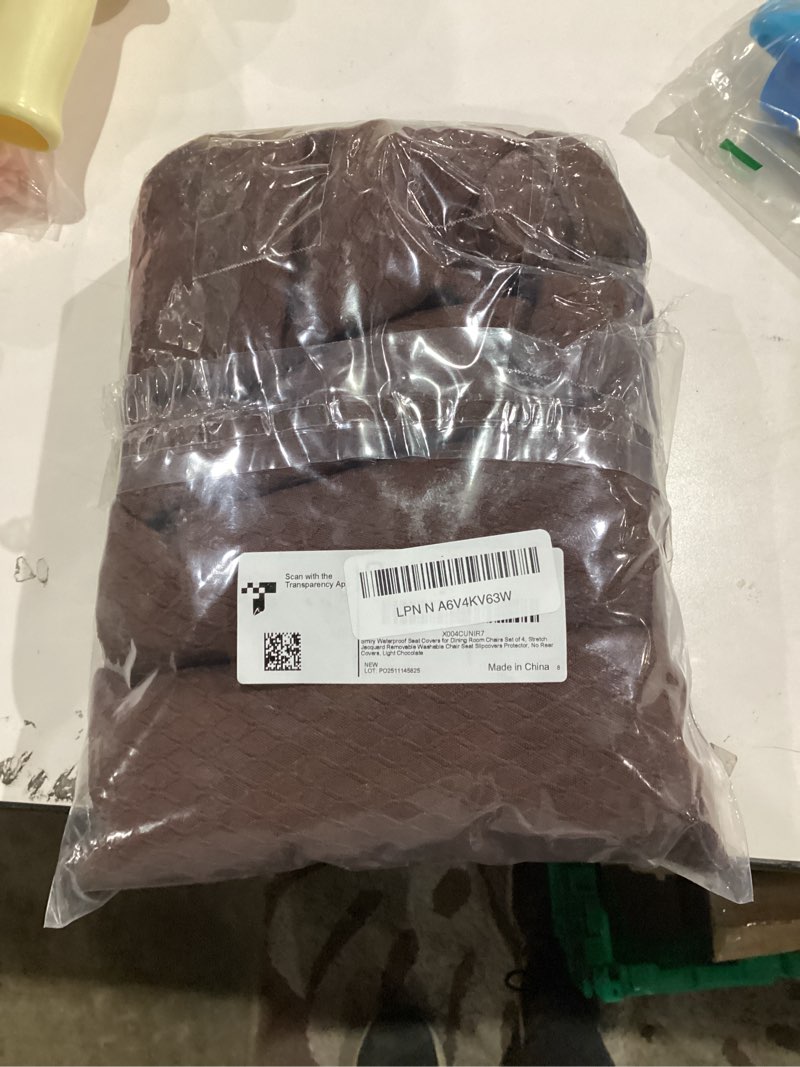 Condition photo showing As Is for Smiry Waterproof Seat Covers for Dining Room Chairs Set of 4, Stretch Jacquard Removable Washable Chair Seat Slipcovers Protector, No Rear Covers, Light Chocolate Set of 4 Light Chocolate