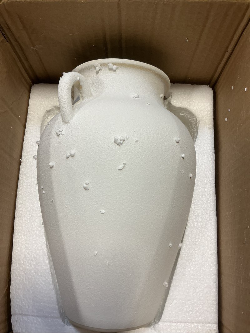 Condition photo showing Good Condition for White Ceramic Pottery Barn Vase with Handles - 10" Large Decorative Terracotta Vase for Pampas Grass, Rustic Farmhouse Boho Vases for Home Decor, Living Room, Mantel, Table, Shelf Sandstone White Pottery