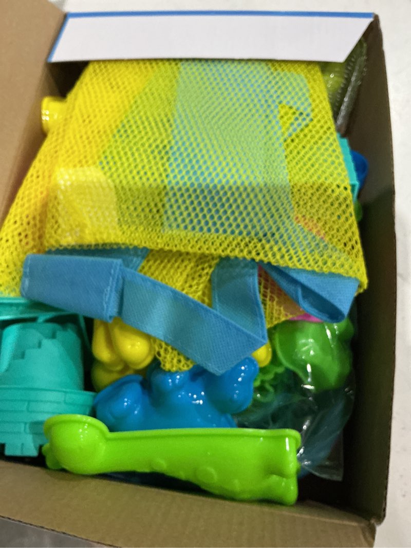 Condition photo showing Good Condition for beach sand toys, sandbox toys with dinosaur dump truck, collapsible bucket, creative molds, mesh bag, sand castle play set for kids ages 3-12, outdoor summer beach essentials for building & playing