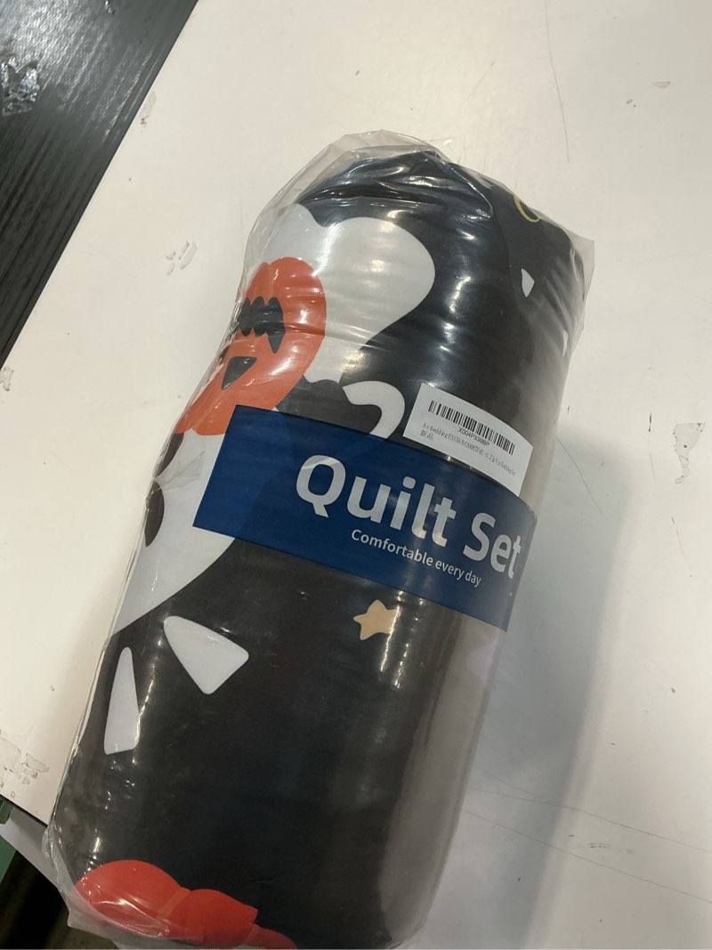 Condition photo showing New/Like New for Anibedding 3Pcs Halloween Styles Zip Up Bedding Comforter Set, Black All in One Zipper Twin Bedding Set with Pillowcase for Kids (Cartoon Pumpkin and Ghost Pattern) Black-pumpkin Full