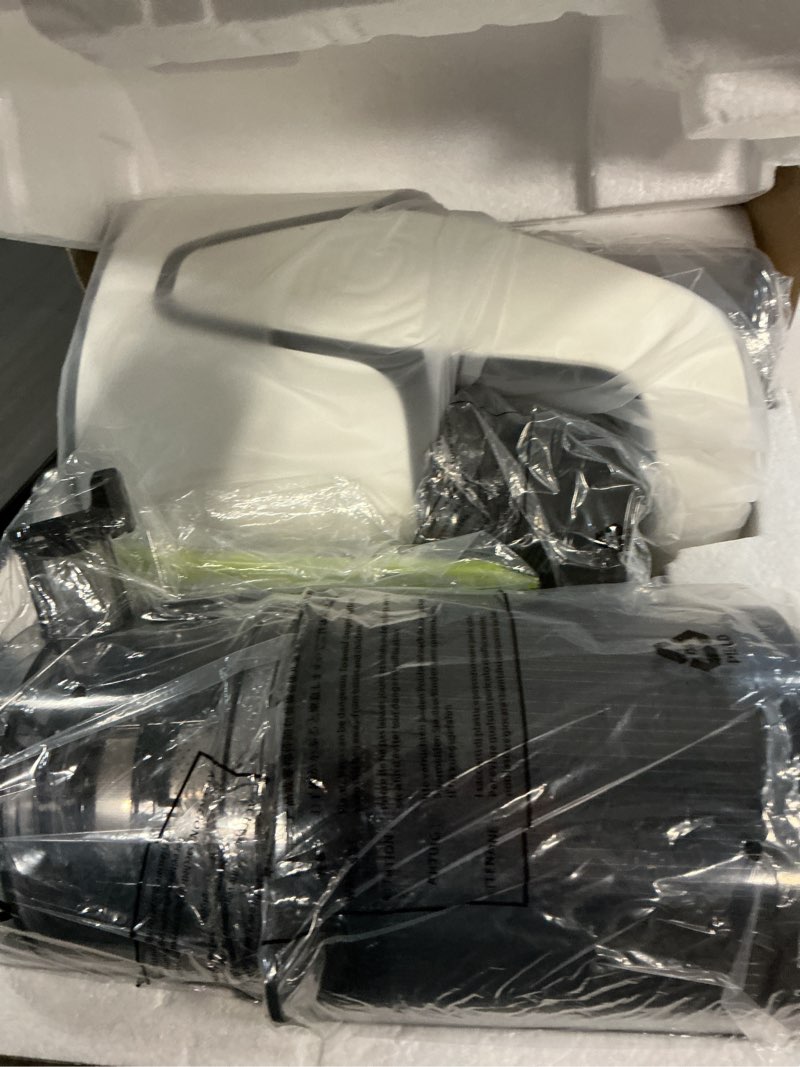 Condition photo showing As Is for eanoruus juicer machines, 3-in-1 cold press juicer with 6.5" extra large chute, 100oz large capacity, ac motor, makes juice, nut milk & sorbet, bright white
