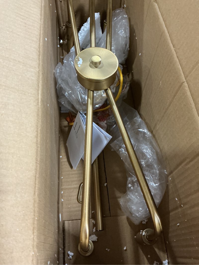Condition photo showing New/Like New for kira home camille 22" 5-light modern chandelier, adjustable hanging height, warm brass finish warm brass 22"