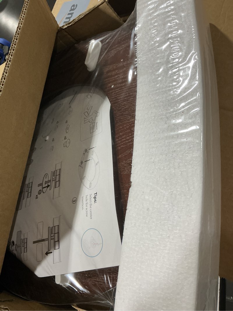 Condition photo showing New/Like New for round slow close wood toilet seat support 400 lbs. heavy duty wooden toilet seat with natural wood veneer, toilet lid with soft close chrome hinges, grip-tight bumpers easy to clean, easy to install round - slow close